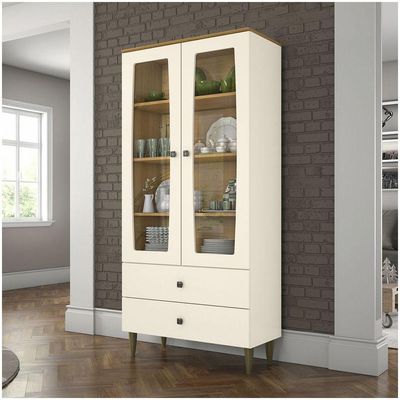 Cristaleira 02 Portas Com Vidro 02 Gavetas Liz Henn Off White Com Nature