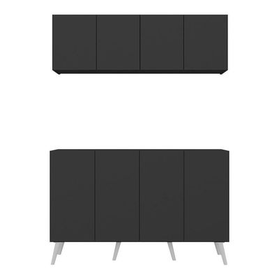 Kit Bar Armário Aéreo Aparador 4 Portas Mp1086 Preto/branco