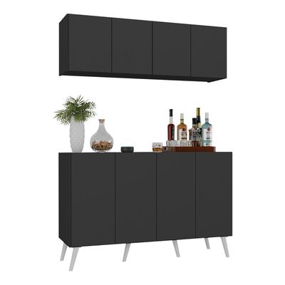 Kit Bar Armário Aéreo Aparador 4 Portas Mp1086 Preto/branco