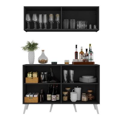 Kit Bar Armário Aéreo Aparador 4 Portas Mp1086 Preto/branco