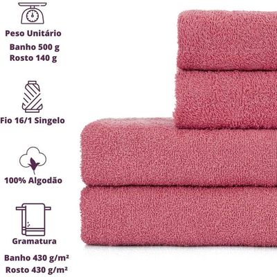 Jogo De Toalhas De Banho 4 Peças 100% Algodão Alta Absorção (2 Banho + 2 Rosto ) Padrão Hotel/pousada - Rosê