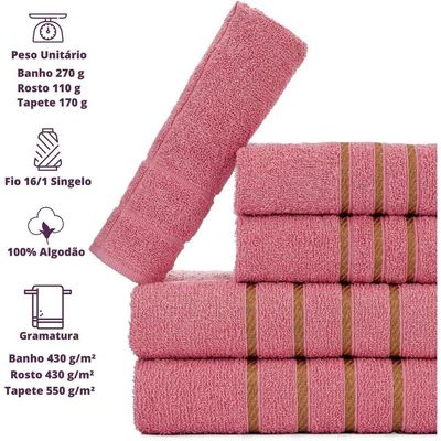 Jogo 5pçs 2 Banho + 2 Rosto + 1 Tapete P-banheiro 100% Algodão Alta Absorção - Rosê