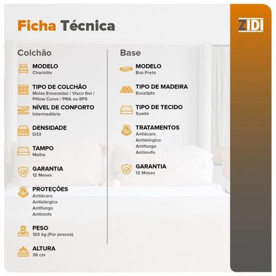 Cama Box Solteiro King Preto + Colchão Molas Charlotte 96cm