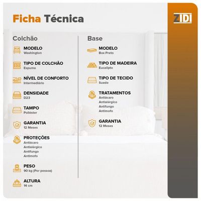 Cama Box Solteiro Preta + Colchão Washington Espuma D23 88cm