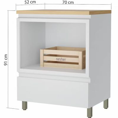 Balcão Nesher Rainha em MDF 15mm com Nicho para Micro-ondas, 1 Gaveta e 1 Prateleira - 70cm de largura Branco com Nature