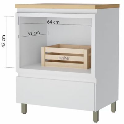Balcão Nesher Rainha em MDF 15mm com Nicho para Micro-ondas, 1 Gaveta e 1 Prateleira - 70cm de largura Branco com Nature