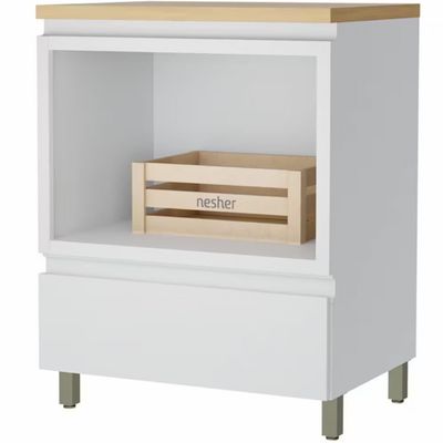Balcão Nesher Rainha em MDF 15mm com Nicho para Micro-ondas, 1 Gaveta e 1 Prateleira - 70cm de largura Branco com Nature