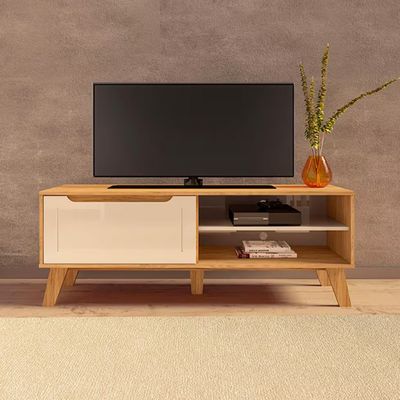 Rack Artely Lotus com 134 cm de Largura, 1 Porta Basculante, Ideal para TV de Até 60 Carvalho com Off White