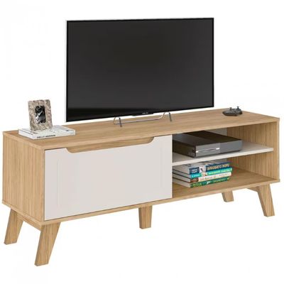 Rack Artely Lotus com 134 cm de Largura, 1 Porta Basculante, Ideal para TV de Até 60 Carvalho com Off White