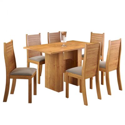 Mesa de Jantar Carmen 6 Cadeiras Estofadas em Veludo Viero Mel/Pérola