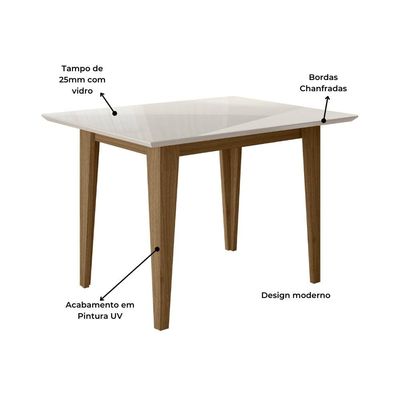 Conjunto de Sala de Jantar Mesa Belle com Tampo de Vidro e 4 cadeiras Poliman Carvalho com Off White