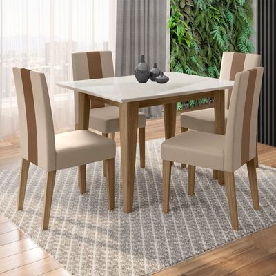 Conjunto de Sala de Jantar Mesa Belle com Tampo de Vidro e 4 cadeiras Poliman Carvalho com Off White