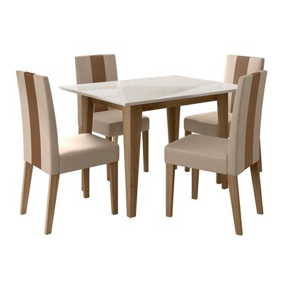 Conjunto de Sala de Jantar Mesa Belle com Tampo de Vidro e 4 cadeiras Poliman Carvalho com Off White