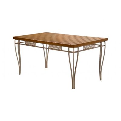 Mesa de Jantar Retangular Aço Nobre Roma com Tampo Ripado e 6 Cadeiras Estofadas Revestidas em Junco Sintético Champanhe
