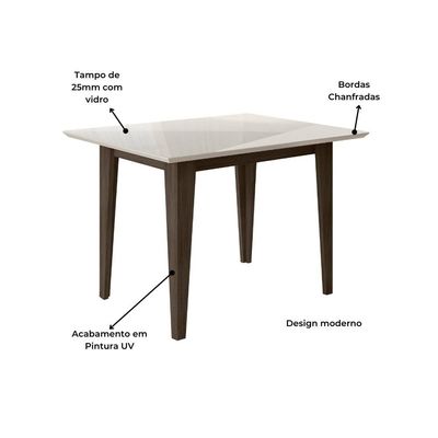 Conjunto de Sala de Jantar Mesa Belle com Tampo de Vidro e 4 cadeiras Poliman Amêndoa com Off White