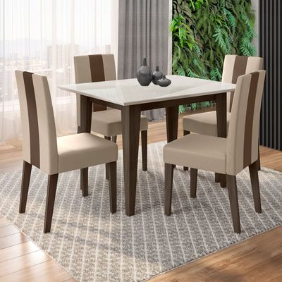 Conjunto de Sala de Jantar Mesa Belle com Tampo de Vidro e 4 cadeiras Poliman Amêndoa com Off White