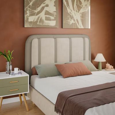 Cabeceira para Cama Box Casal Dobuê Leon com Revestimento em Veludo e Corino Kaki/Bege