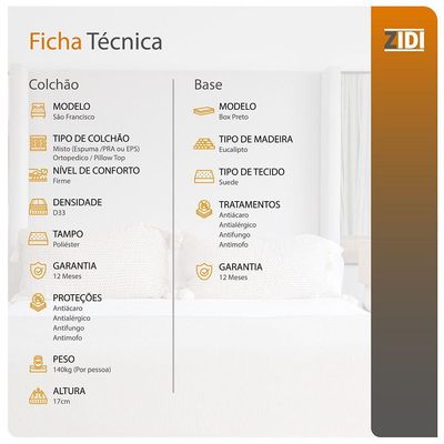 Cama Box Solteiro Preto + Colchão San Francisco D33 88cm
