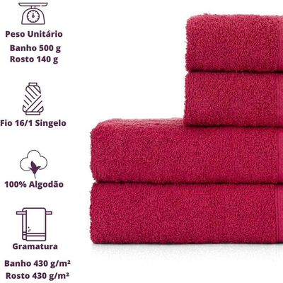 Jogo De Toalhas De Banho 4 Peças 100% Algodão Alta Absorção (2 Banho + 2 Rosto ) Padrão Hotel/pousada - Cereja
