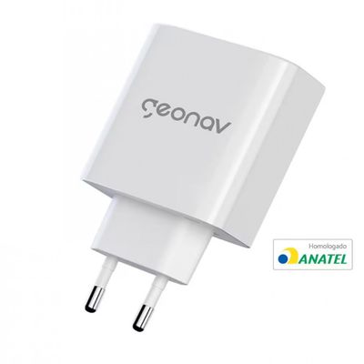 Carregador de Tomada Geonav Turbo Duo 48W com USB-A e USB-C para Celulares e Dispositivos Eletrônicos Branco