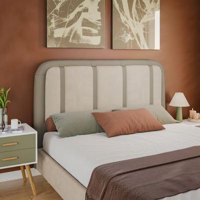 Cabeceira para Cama Box Queen Dobuê Leon com Revestimento em Veludo e Corino Kaki/Bege