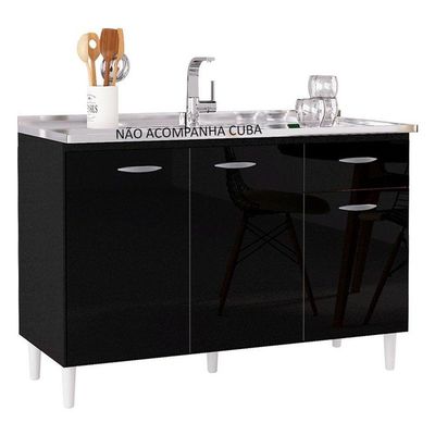 Balcão De Pia E Armário Aéreo 120 Cm Preto - Poquema