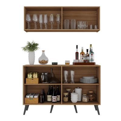 Kit Bar Armário Aéreo Aparador 4 Portas Mp1086 Rustic/preto