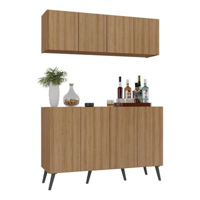 Kit Bar Armário Aéreo Aparador 4 Portas Mp1086 Rustic/preto