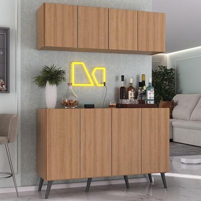 Kit Bar Armário Aéreo Aparador 4 Portas Mp1086 Rustic/preto