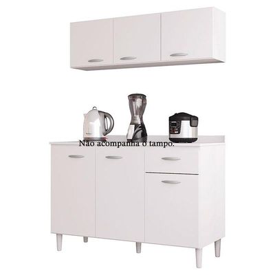 Balcão De Pia E Armário Aéreo 120 Cm Branco Brilho - Poquema