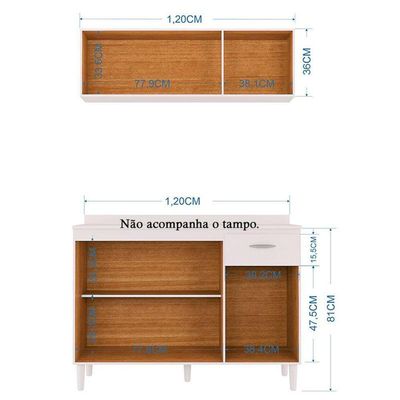 Balcão De Pia E Armário Aéreo 120 Cm Branco Brilho - Poquema