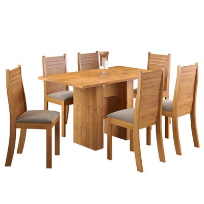 Mesa de Jantar Carmen 6 Cadeiras Estofadas em Veludo Viero Mel/Pérola