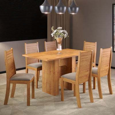 Mesa de Jantar Carmen 6 Cadeiras Estofadas em Veludo Viero Mel/Pérola