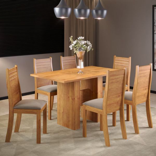 Mesa de Jantar Carmen 6 Cadeiras Estofadas em Veludo Viero Mel/Pérola