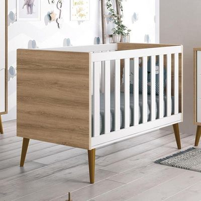 Berço Mini Cama Theo Retrô Branco Fosco/mezzo Com Pés Amadeirado - Reller Móveis Branco Fosco/mezzo