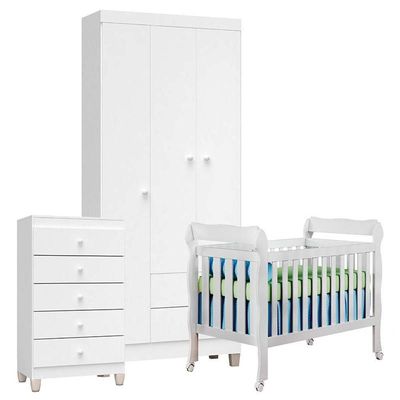 Quarto De Bebê 3 Portas Com Gaveteiro Ternura Baby E Berço Lila Branco Brilho - Incorplac