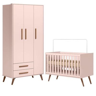 Berço Americano 3820 E Guarda Roupa Roupa 3830 Q Encanto Retrô Rosa - Qmovi