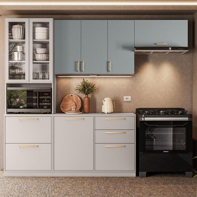 Cozinha Completa Itatiaia Essence 4 peças com 8 portas e 4 gavetas 223cm de largura Cinza