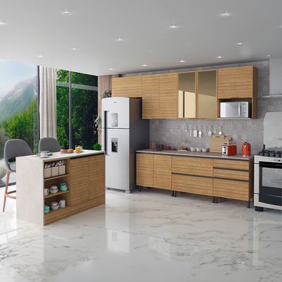 Cozinha Completa Bartira Cristal com 10 Portas, 5 Gavetas, 9 Prateleiras e Bancada Gourmet - 300cm de Largura Lâmina Mel