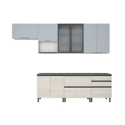 Cozinha Bartira Cristal com 10 Portas, 3 Gavetas, 5 Prateleiras e Nicho para Micro-ondas Freixo/Azul
