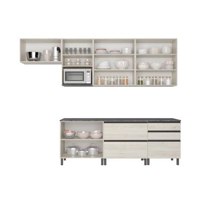 Cozinha Bartira Cristal com 10 Portas, 3 Gavetas, 5 Prateleiras e Nicho para Micro-ondas Freixo/Azul