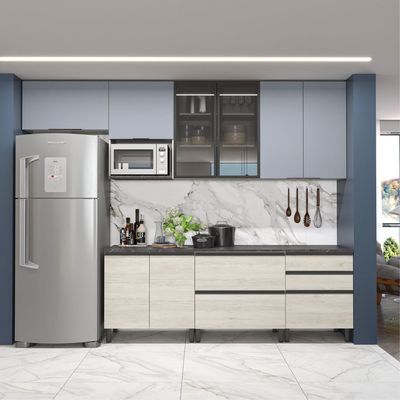 Cozinha Bartira Cristal com 10 Portas, 3 Gavetas, 5 Prateleiras e Nicho para Micro-ondas Freixo/Azul