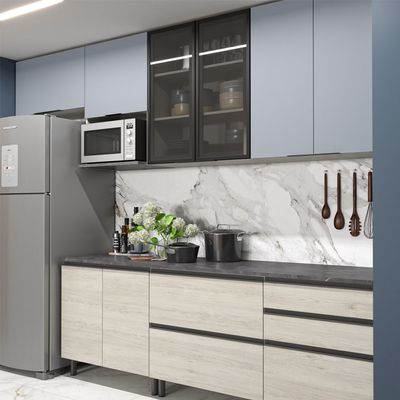 Cozinha Bartira Cristal com 10 Portas, 3 Gavetas, 5 Prateleiras e Nicho para Micro-ondas Freixo/Azul