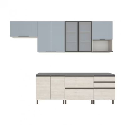 Cozinha Completa Bartira Cristal com 10 Portas, 5 Gavetas, 9 Prateleiras e Bancada Gourmet Freixo/Azul
