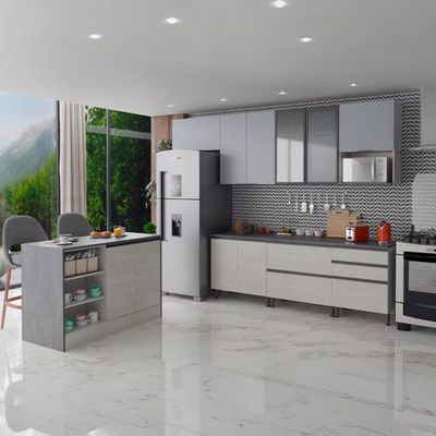Cozinha Completa Bartira Cristal com 10 Portas, 5 Gavetas, 9 Prateleiras e Bancada Gourmet Freixo/Azul