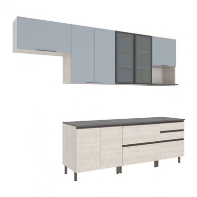 Cozinha Completa Bartira Cristal com 10 Portas, 5 Gavetas, 9 Prateleiras e Bancada Gourmet Freixo/Azul