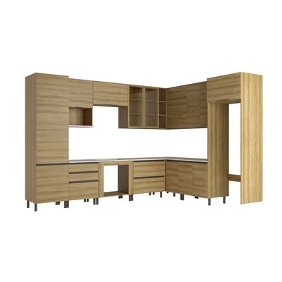Cozinha Bartira Cristal com 15 Portas, 3 Gavetas, 13 Prateleiras e Nicho para Forno e Micro-ondas - 762,8cm de Largura Lâmina Mel