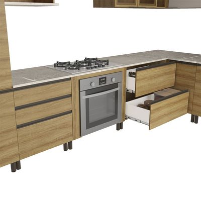 Cozinha Bartira Cristal com 15 Portas, 3 Gavetas, 13 Prateleiras e Nicho para Forno e Micro-ondas - 762,8cm de Largura Lâmina Mel