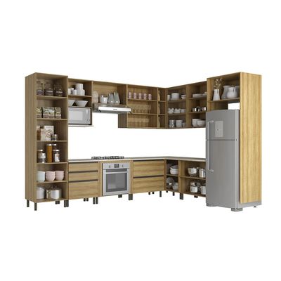 Cozinha Bartira Cristal com 15 Portas, 3 Gavetas, 13 Prateleiras e Nicho para Forno e Micro-ondas - 762,8cm de Largura Lâmina Mel