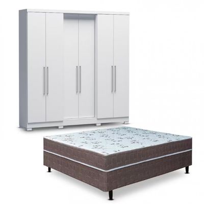 Guarda-Roupa Casal Bartira Napoli UP 6 Portas e 4 Gavetas + Cama Box Conjugada Casal Umaflex New Florença com Molas Ensacadas Branco